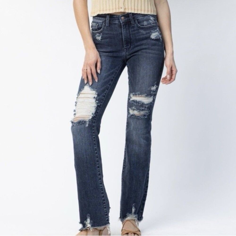 Judy Blue Slim Bootcut Ripped High Rise Raw Hem Blue Jeans 82426 Women’s 15/32